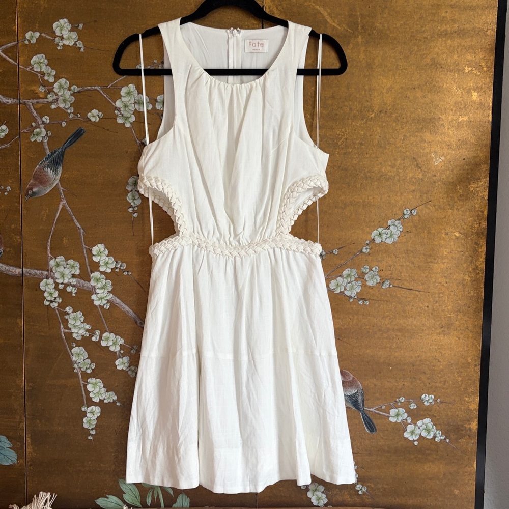 Fate Linen blend dress in ivory, braided detail. Classy, tennis, prep, vacation